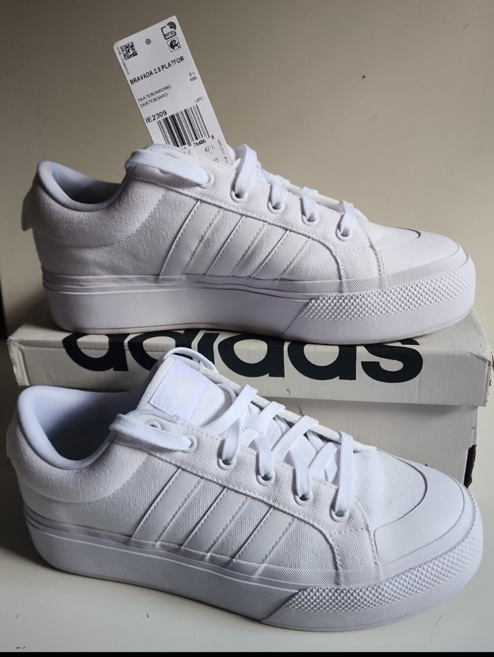 Adidas Bravada 2.0 White Platform Skateboarding Shoes, Athletic Sneakers 10